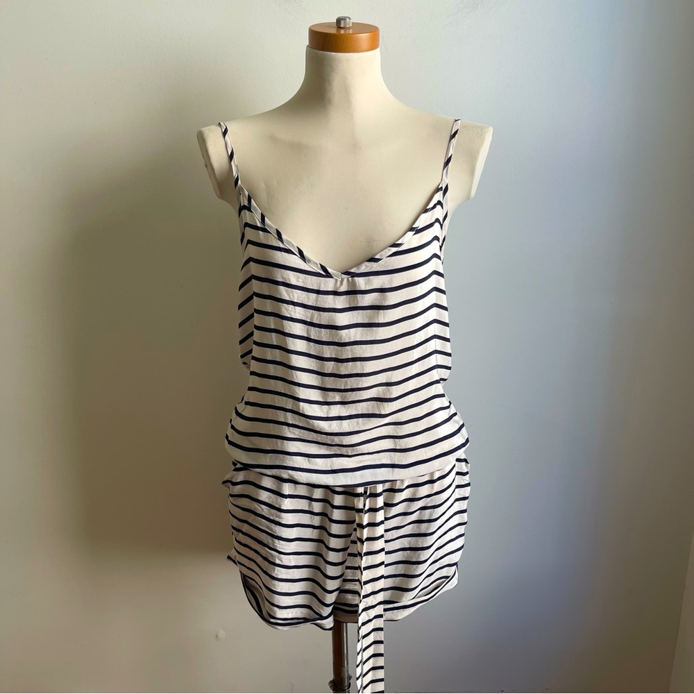 J. Crew Silk Shorts Romper Navy White Striped Tie Front Adjustable Cruise Medium